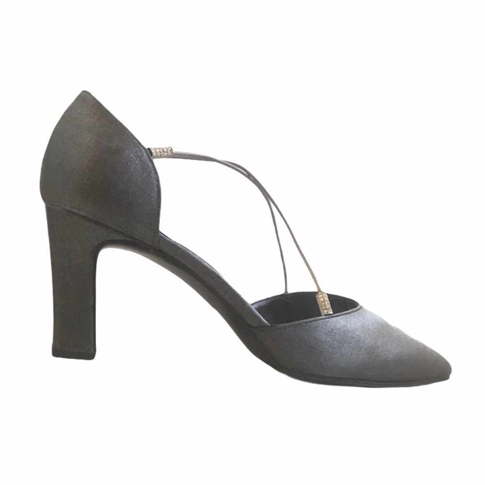 Stuart Weitzman Gray Pointed-Toe Block Heel Pumps with Strappy Detail